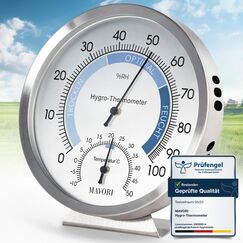 MAVORI&reg; 2in1 Hygrometer innen analog und Thermometer analog innen aus Edelstahl - Thermometer Hygrometer analog - Temperatur und Luftfeuchtigkeitsmesser innen f&uuml;r ein gesundes Raumklima - &Oslash; 12,5cm