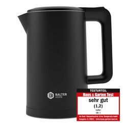 Balter Wasserkocher Edelstahl WK-4, 1,7 Liter, elektrischer Wasserkocher, Doppelwand Design, BPA frei, LED, Teekocher Kompakt, leise (Schwarz)