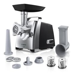 Bosch Fleischwolf ProPower MFW67440, elektrisch, Wurstaufsatz, 3 Edelstahl Loch-Scheiben (3, 4,8 +8mm), Stopfer, Kebbe-Aufsatz, Durchlaufschnitzler, 2000 W Blockierleistung, 700 W, schwarz / silber