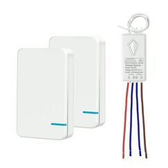 Thinkbee Funkschalter 230V Set - 2 Kabellose Funktaster + 1 Mini-Empfänger, Funk Lichtschalter für 1 Lampe von 2 Stellen, IP66 Sender, 433 MHz, 10A, 1000W, für Innen/Außen, zum Kleben oder Tragen