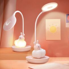 FemKey LED Schreibtischlampe f&uuml;r Kinder, Augenschutz Leselampe, Wiederaufladbare USB Energiespar Nachttischlampe, Dimmbar Touchsensor Tischlampe, Cartoon-Stil Kieselgel Rosa Hase