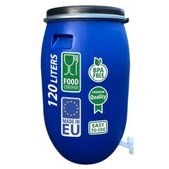 AGROHIT Weithalsfass 120 l, Fass mit Deckel, Metallring & Griffen, Lebensmittelechtes Deckelfass, für Transport & Aufbewahrung von Lebensmitteln oder Wasser, Kunststoffbehälter für Trinkwasser, Blau