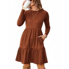 Zeagoo Damen Kleider Langarm Rundhals Herbstkleid mit Taschen Elegant Knielang Kleid Winter Fr&uuml;hling Karamell S