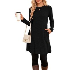 NARRAME Pulloverkleid für Damen, Frühling, Herbst, lange Ärmel, lässige Knöpfe, seitliche Damenkleider mit Taschen, groß, Schwarz