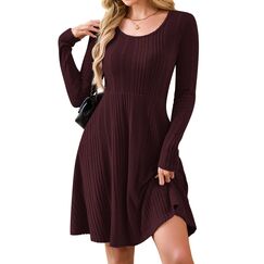 AUSELILY Langarm Strickkleid Damen Rundhalsausschnitt Pullover Kleid Gestrickt Herbstkleid Damen mit Taschen Weinrot L