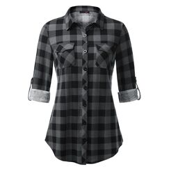 DJT Damen Weiches Gestrick Karierte Bluse Langarm 3/4 Roll Up Ärmel Hemdbluse Button-down Blusen Schwarz L