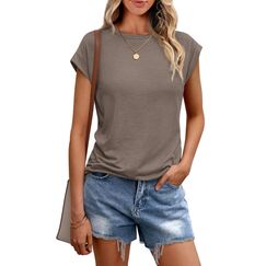 Cuptacc Tops Für Damen T Shirt Rundhals Oberteile Elegant Bluse Kurzarm Damen Sexy Top Sommer CoffeeGrey Groß L 42-44