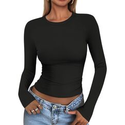 Cuptacc Langarmshirt Damen Eng Rundhals Komfort T Shirt Langarm Atmungsaktiv Oberteile Damen Crop Slim Fit Longsleeve Top Mädchen Schwarz S