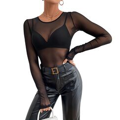 Damen Sexy Netzoberteil Transparent Netz Oberteil Schwarz Mesh Sheer Top mit Rundhalsausschnitt für Clubwear, Partys und Alltagslooks - Weiches, Atmungsaktives Material für Komfort und Stil