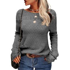 Tankaneo Damen Solide Langarm Pullover Rundhalsausschnitt Slim Knit Top Herbst Pullover
