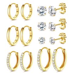 Ohrringe Gold, 316L Chirurgenstahl Steckerstift Ohrstecker & Creolen Gold Set | 18K Vergoldetes Hypoallergene Cubic Zirkonia Ohrstecker & Knorpel Ohrring Huggie Creolen Klein für Damen, 7 Paar