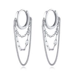 Reffeer Solide 925 Sterling Silber Kette Tropfen Ohrringe Creolen für Frauen Teen Creolen Quaste Kette Huggie Baumeln Ohrringe (A-Silver)