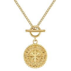 BONNYBIRD® Kompass Kette Damen Gold Edelstahl Halskette mit Anhänger Wasserfest Knebelverschluss Goldkette Schmuck Frauen Coin Panzerkette Vergoldet Goldschmuck Layering Sommer Accessoire