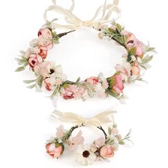 Hochzeitsgirlande, Blumenkranz, für Damen, Haarband, Blumenkranz, GuKKK Rosa und Armband, verstellbares Haarband für Party, Festival, Strand, Arbeit, Hochzeit (Rosa)