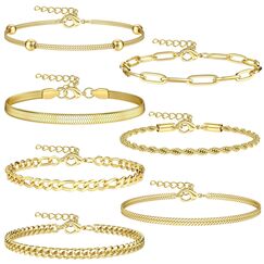 Dochais 5-7 Stück Kette Armbänder für Frauen, 18K Gold plated Stapelarmbänder, Twist Figaro Herringbone Kette Armband verstellbar, Charm Armbänder Set Silber Gold (Gold (7 Stück))