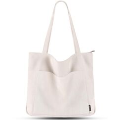Prite Handtasche Damen Tote Bag Shopper Groß Umhängetasche Cord Beuteltasche Stofftasche für College Schule Arbeit Reisen Einkaufen (Beige)