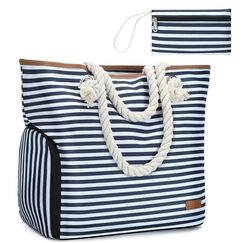 Lekespring Strandtasche Damen Groß mit Reißverschluss, Badetasche XXL Familie Saunatasche Reisetasche Beach Tote Bag für Strand Reisen Einkaufen u.Sport (Blau Gestreift)