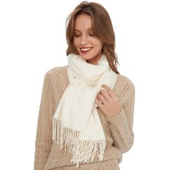 MaaMgic Schal Damen Warm Winter Herbst unifarben Baumwolle mit quasten/fransen, 20+ Farben Einfarbig & Kariert Pashmina Stola Schals MEHRWEG,Sahnewei&szlig; NICHT reinwei&szlig;
