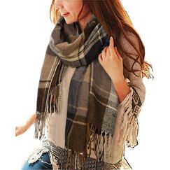 heekpek Damen Kariert Oversized Kaschmir Schal Lange Winterschal Weich Wraps Groß Karo Fransen Schal Warm Schal für Herbst Winter, Khaki und Beige