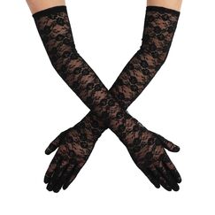 Lusofie Schwarze Spitze Handschuhe Lang f&uuml;r Damen Elegant Tee Party Lang Spitzenhandschuhe Schwarz 1920er Jahre Verlobungskleid Party Tanz Oper Halloween Schwarz Handschuhe f&uuml;r Damen