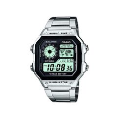 Casio Herren Quartz Armbanduhr, 36.00mm GehäusegröÃŸe mit weiÃŸ digital Zifferblatt und Silber Metallarmband Armband AE-1200WHD-1AVEF