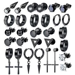 JeweBella 15 Paar Ohrringe Herren Edelstahl Ohrstecker Set Ohrringe Creolen Hypoallergen Zirkonia Ohrstecker Kreuz Baumelnde Ohrringe Piercing Knorpel Ohrringe Schwarz/Silber für Männer Damen