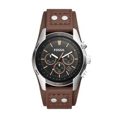 Fossil Coachman Uhr für Herren, Chronographenwerk mit Edelstahl- oder Lederarmband, Schwarz, 44MM