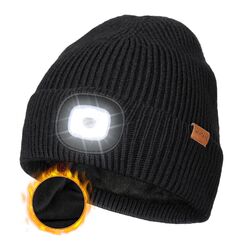 Wmcaps Mütze mit LED Licht, Wintermütze mit Dickem Warmen Futter, Integrierte Beleuchtete Type-C Wiederaufladbare Freisprech-Stirnlampe, Weihnachtsgeschenke Geschenke für Männer Frauen, Schwarz
