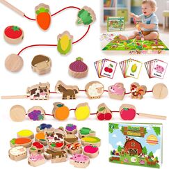 Montessori Spielzeug ab 2 1 3 Jahre: Geschenk Mädchen 1-3 Jahre Junge Fädelspiel Bauernhof Motorikspielzeug für Kinderspielzeug ab 2-3 Jahr Mädchen Holzspielzeug Lernkarten für Kleinkinder ab 2 Jahren