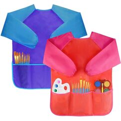 Amaza 2Pcs Malsch&uuml;rze Kinder, Wasserdicht Malkittel Kinder 2-8 Jahre, Bastelsch&uuml;rze mit &Auml;rmeln und 3 Taschen, Klettverschluss (Blau & Rot)