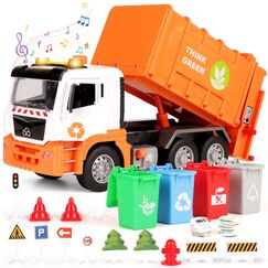 BunnyJOY M&uuml;llauto Spielzeug ab 3 4 5 6 Jahre Junge, Gro&szlig;e M&uuml;llwagen Spielzeug mit M&uuml;lltonnen, Spielzeugautos Fahrzeuge, Geschenk Lernspielzeug f&uuml;r Kinder, Orange