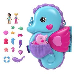 Polly Pocket-Puppen und Spielset mit Tieren und 13 Zubeh&ouml;rteilen, 2-in-1 Daddy and Me Seepferdchenschatulle, tragbare Tasche und Tierspielzeug, mit Shani, HWP03