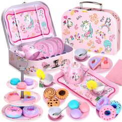 Auney 36 Pcs Teeservice Kinder, Spielzeug Tragekoffer, Teeparty Rollenspiel f&uuml;r kleine M&auml;dchen, Zinn Tee Set mit Teefilterbeuteln und Zitronenscheiben, 13 Pcs Dessert-Spielzeug f&uuml;r Kinder (Einhorn)
