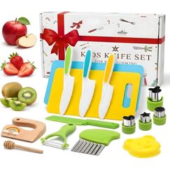Kindermesser 16-teiliges Kinder Sicherheit Kochmesser Küchenmesser Set mit Gemüse Ausstechformen, Holzmesser, Schneidebrett etc. Montessori Spielzeug als Geburtstagsgeschenk für Kinder ab 3 Jahren