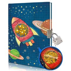 Tagebuch Jungs mit Schloss für Geschenke, Raumschiff Tagebuch Kinder mit Schüttelbaren Pailletten 17.8x13cm 160 Liniertes Seiten Notizbuch zum Schreiben ab 6,7,8,9,10,11,12 Jahren Tagebuch Schloss