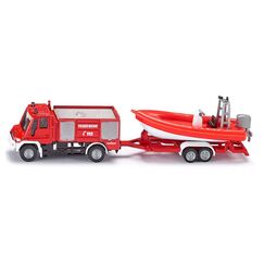 siku 1636, Feuerwehr Unimog mit Boot, Metall/Kunststoff, Rot, Schwimmfähiges Boot