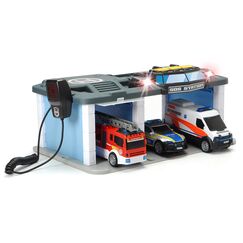 Dickie Toys SOS Rettungsstation mit Polizei, Feuerwehr und Krankenwagen, Station mit Licht & Sound, Mikrofon mit Lautsprecherfunktion, Tore zum Öffnen, inkl. Batterien, 31x22x16 cm, Blue