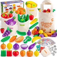 SEMKOTREE Kaufladen Zubehör Holz, Spiellebensmittel Kinderküche Zubehör, Kaufmannsladen Zubehör mit Spielgeld Euro Scheine und Münzen, Rollenspielzeug für Jungen Mädchen 3 Jahren