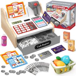 2026 Kasse Kinder Spielzeug aus Holz mit Scanner Rechnerfunktion, Elektronische Spielzeug Kaufladen Zubehör für Kinder, Kinderkasse Kaufladen Rollenspiel Geschenk für Jungen Mädchen ab 3 4 5 6 Jahren