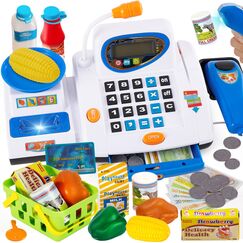 HERSITY Große Kinderkasse, Spielzeug Kasse mit Scanner und Sound, Spiel Supermarkt Kinder Kaufladen Zubehör Rollenspiel Geschenk Jungen Mädchen 3 4 5 Jahren