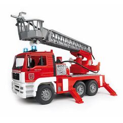 bruder 02771 - Man TGA Feuerwehr mit Drehleiter, Wasserpumpe & Light & Sound Modul - 1:16 Einsatzfahrzeug, Feuerwehrauto, Notruf, Löschfahrzeug, Spielzeug