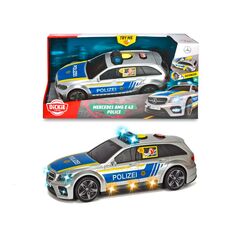Dickie Toys Mercedes-AMG E43 Polizeiauto, Polizei, motor. Spielzeugauto, Heckklappe öffnet per Knopfdruck mit Hundegebell-Soundeffekt, inkl. Batterien, 30 cm, Silber/Blau