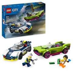 LEGO City Verfolgungsjagd mit Polizeiauto und Muscle Car, Auto-Spielezug mit 2 Rennautos, Polizei-Geschenk für Kinder, Jungs und Mädchen ab 6 Jahren, Set mit Polizist und Ganovin-Minifiguren 60415