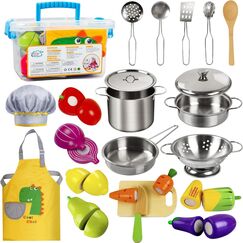 EFO SHM Kinderküche Zubehör Holz, Matschküche Zubehör Spielküche Lebensmittel Kochset Kinderspielzeug Töpfe Puppenküche Zubehör Küche Spielzeug für Kleinkinder Jungen Mädchen