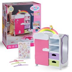 BABY born Regenbogenschrank - Aufbewahrung für Puppenkleidung - Mit leuchtendem Regenbogen & fröhlichen Sounds - Hochwertiges Puppen Zubehör inkl. Schuhbladen, Kleiderbügel & Stickern