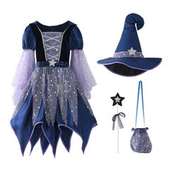 Generisch Faschingskostüme Kinder, Hexenkostüm Kinder - Hexenkostüm Mädchen Set 4-Teilig：Hexenhut,Tasche,Kleid Mit Zauberstab Cosplay Elegant Witch Costume Hexe Kostüm Für Karneval Party