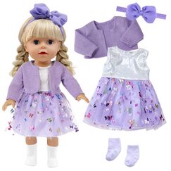 Xerteam 4 teilig Lila Puppenkleidung für 36-43cm Mädchen Puppe, Puppezubehör Mantel Puppen Kleider Socken Schmetterling Stirnband für 16-18 Zoll Baby Puppe, Puppensachen Set Geschenk Kinder