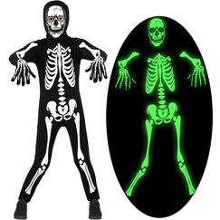 Lubolee Halloween Kostüm Kinder, Skelett Kostüm Kinder Leuchtend für Jungen mit Ganzkörperanzug und Handschuhen Karneval