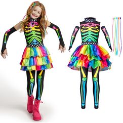Spooktacular Creations Funky Punky Bones Buntes Skelett Deluxe Mädchen Kostüm Set mit Haarverlängerungen für Halloween Kostüm Anzieh Partys