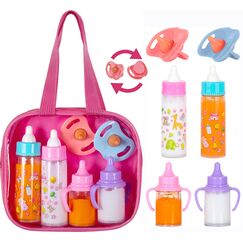 fash n kolor®️ Puppenzubehör Baby Puppen Zubehör für puppenwagen, 6 Set in Wickeltasche, Magische Flasche Puppenzubehör Furniture, Babypuppen, Spielzeug, Puppenpflegeset mit 2 Flaschen und 2 Pacifier